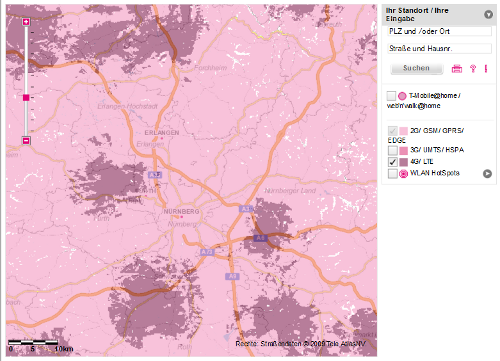 LTE Netzabdeckung durch Deutsche Telekom im Raum Nürnberg (Stand: 5.7.2011) LTE Netzabdeckung Telekom Raum Nürnberg